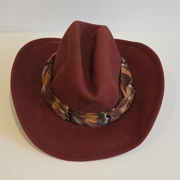 Betmar New York 100% Wool Hat Cowboy Fedora Style Red Rust Designer Feather Band - Picture 7 of 16